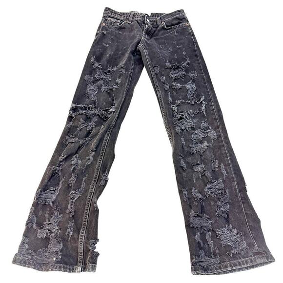 Zara Ripped Distressed Zippered Denim Jeans Bootcut Wide Leg Size 2 - Picture 2 of 7